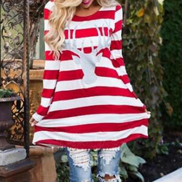 Women Fashion Stripe Dress Round Collar Christmas Elk Long Sleeve Casual Dress family dress mom girl fashion dress ship from USA mother