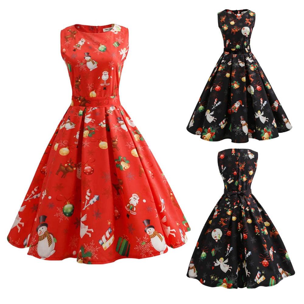 Women Christmas Print Pin Up Swing Party Panel Dress 2017 girl lady Merry Christmas Vintage Xmas Swing Lace Dress ship from USA