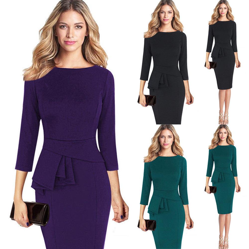 Women Elegant Frill Peplum 3/4 Gown Sleeve Work Business Party Sheath Dress 2017 office lady best selling dresses ship from USA