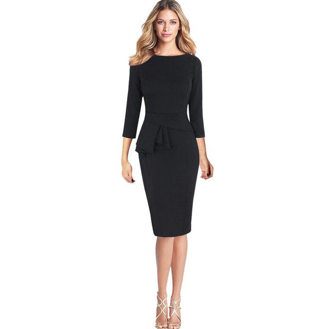 Women Elegant Frill Peplum 3/4 Gown Sleeve Work Business Party Sheath Dress 2017 office lady best selling dresses ship from USA Black