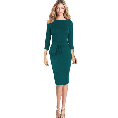 Women Elegant Frill Peplum 3/4 Gown Sleeve Work Business Party Sheath Dress 2017 office lady best selling dresses ship from USA Green