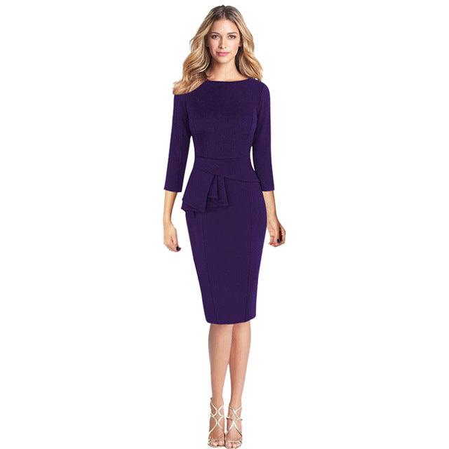 Women Elegant Frill Peplum 3/4 Gown Sleeve Work Business Party Sheath Dress 2017 office lady best selling dresses ship from USA Purple