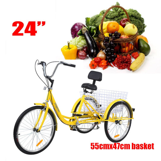 Tricycle 3-Wheel 6 Speed Bicycle w/ Backrest Basket (Ship from USA) Adult