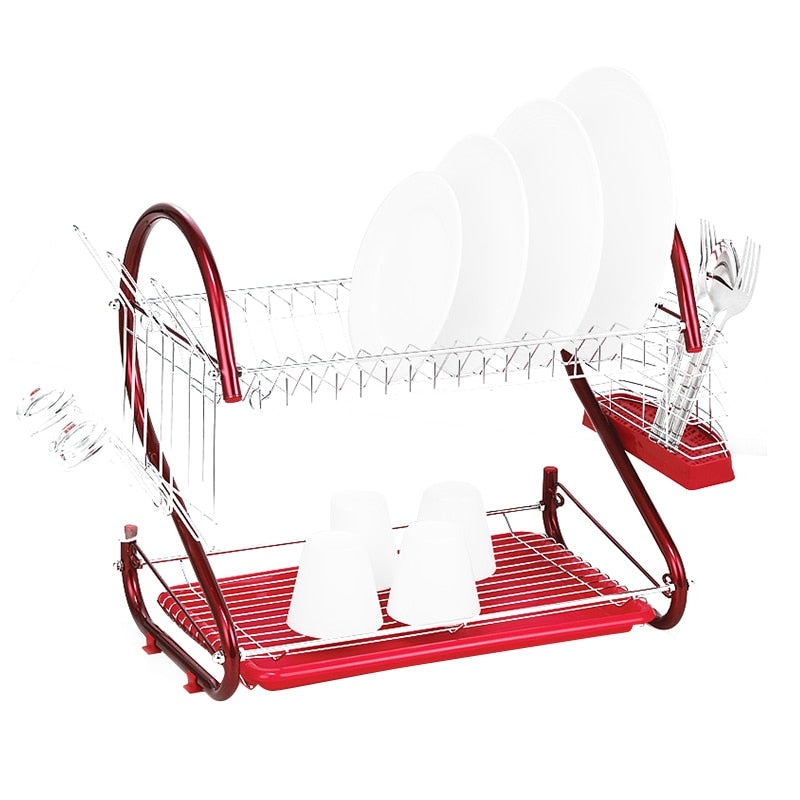 SDFC 2 Tiers Kitchen Dish Cup Drying Rack Drainer Ship From USA (Color: Red)